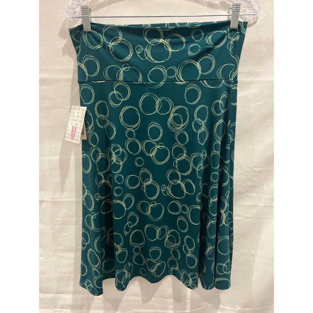 LuLaRoe Azure Skirt Medium Teal Green Yellow Scribble Circle Print A-Line New